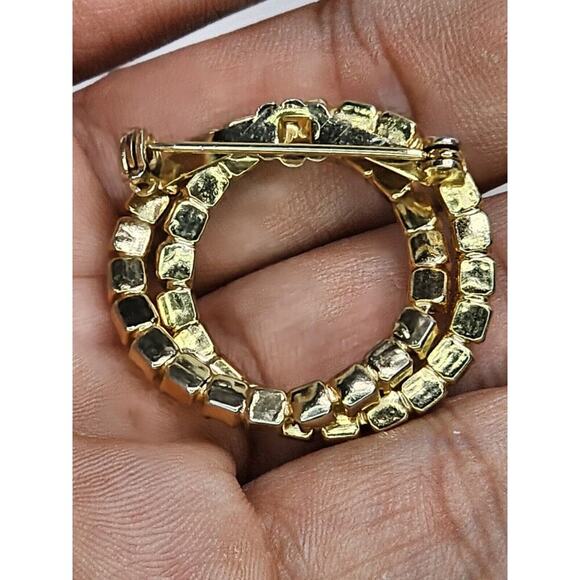 Vintage Unsigned Gold Tone - Rhinestone - Uranium Glass Double Halo Brooch - Picture 5 of 8